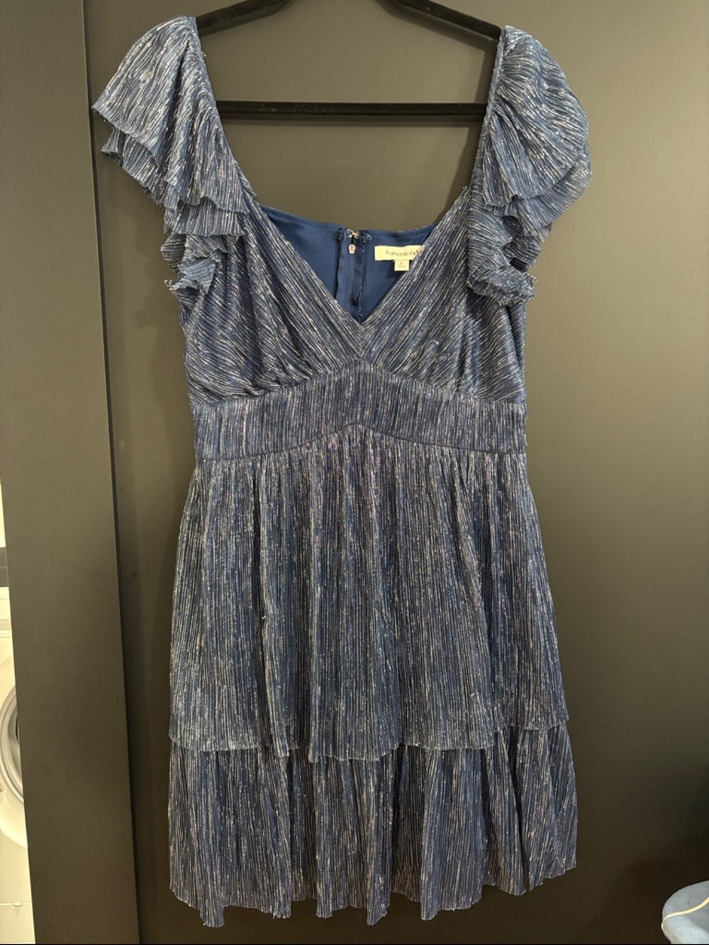 Francesca's Collections Blue Metallic Tiered V-Neck Ruffle Mini Dress
